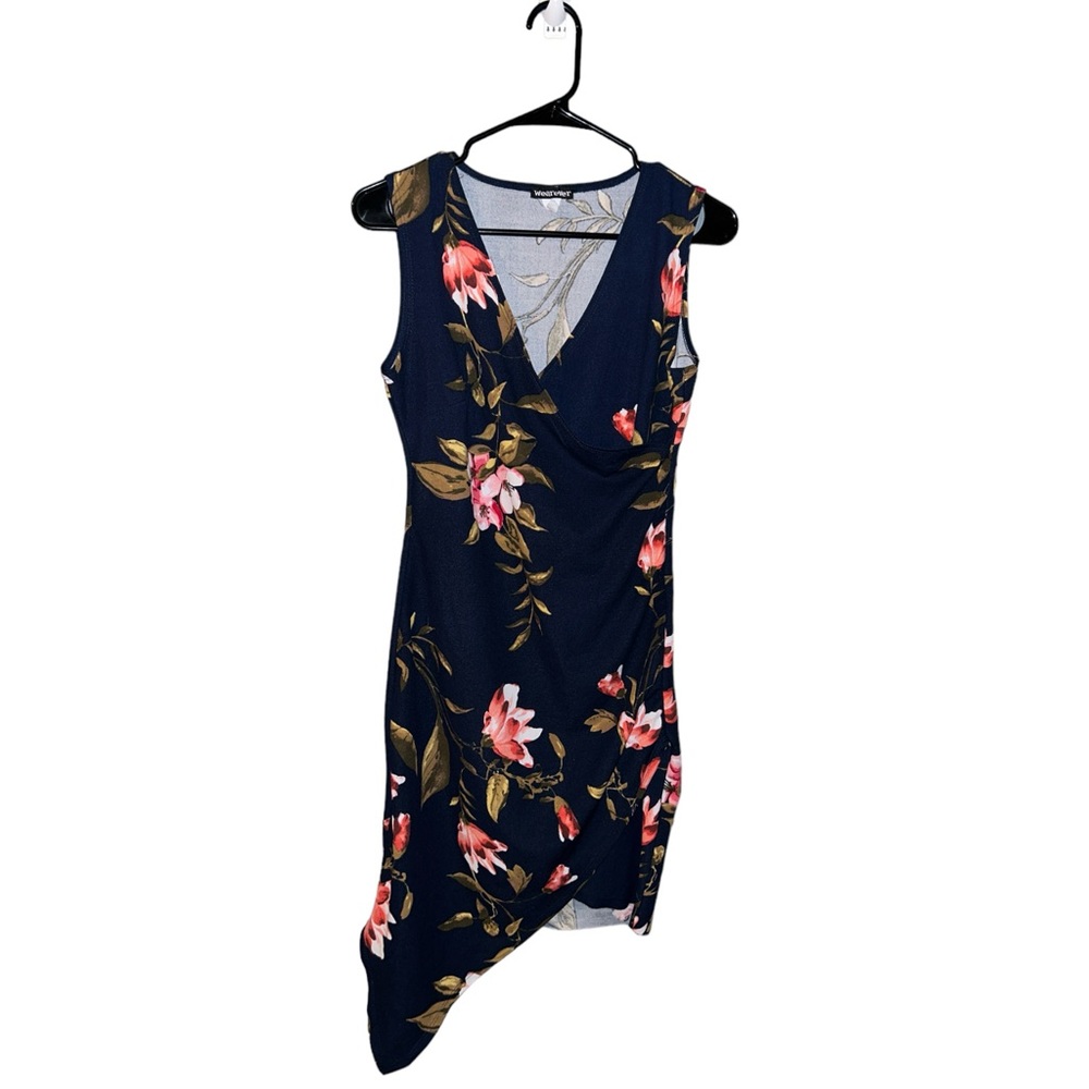 Wearever Navy Blue and Pink Floral Asymmetrical Hemline Faux Wrap Tank Dress